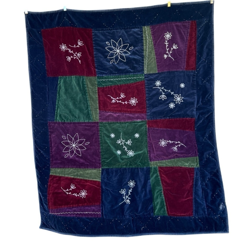 Boho Velvet Patchwork Embroidered Throw Blanket Colorblock Floral 49x60 FLAWS